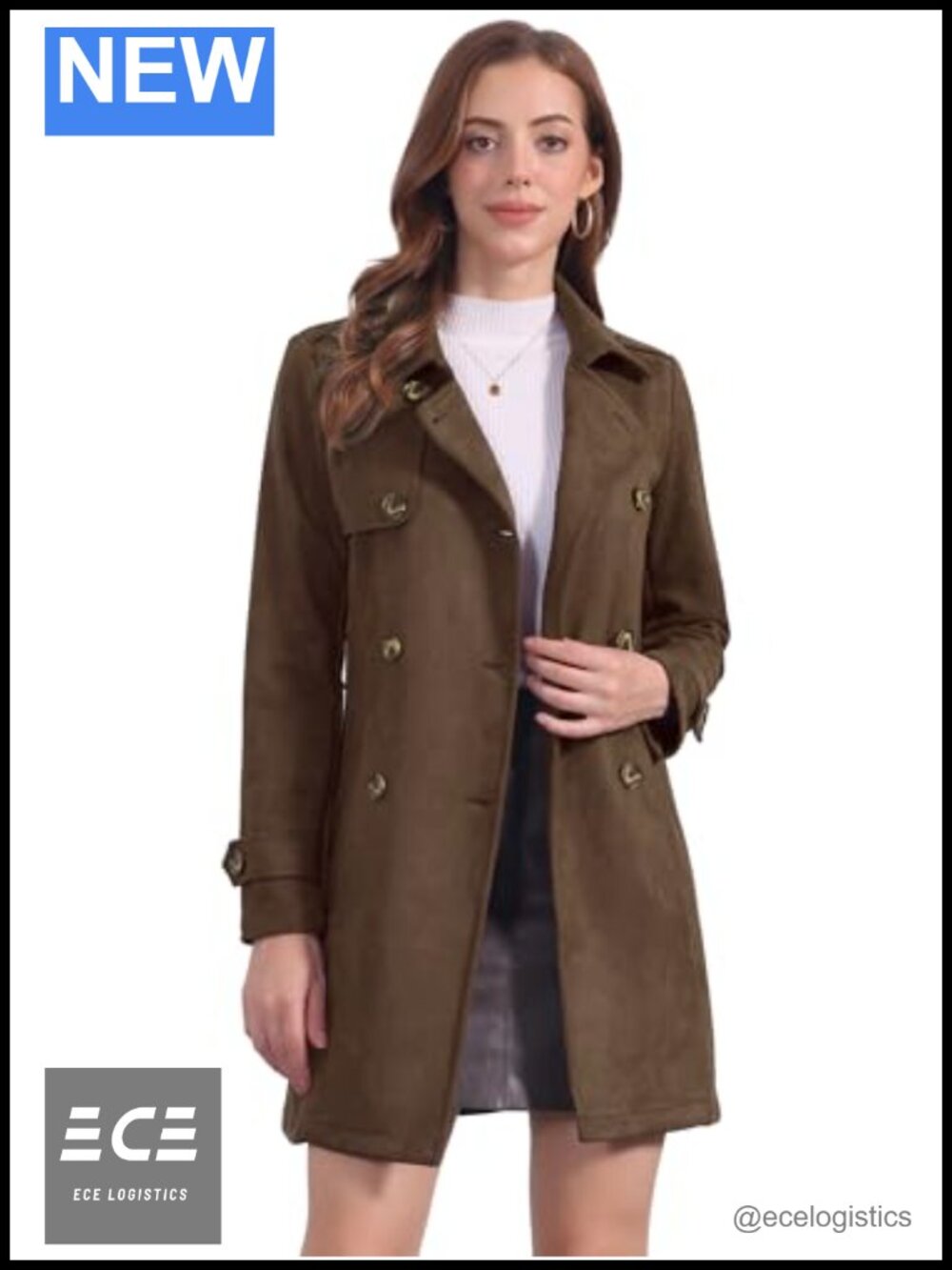 Faux Suede Trench Coat Double Breasted Belted Winter Jacket